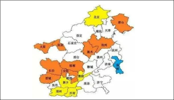 河北北部，山西北部，山東東、南部，河南南部部分城市。