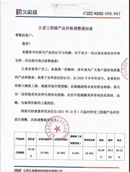江蘇久諾建材對(duì)所有工程漆產(chǎn)品單價(jià)進(jìn)行調(diào)整