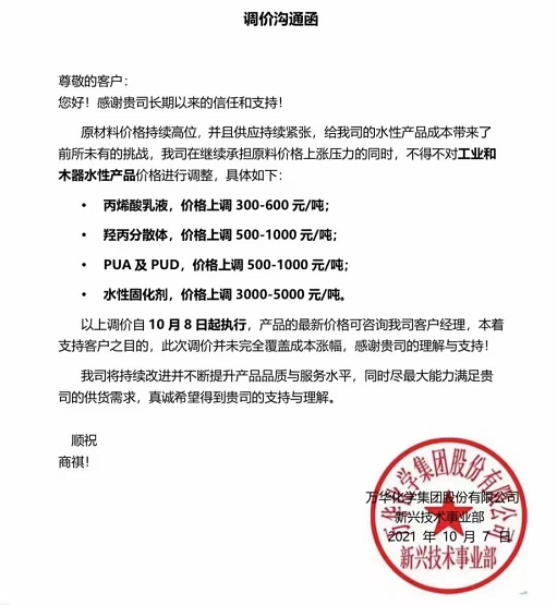 萬華化學(xué)發(fā)布調(diào)價(jià)溝通函