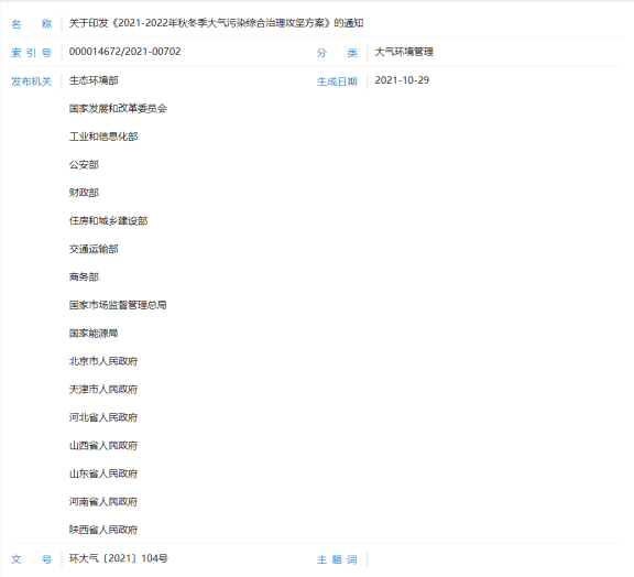 發(fā)《2021-2022年秋冬季大氣污染綜合治理攻堅(jiān)方案》