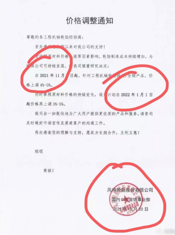 風(fēng)神輪胎、固鉑輪胎則宣布宣布旗下部分輪胎產(chǎn)品將分別于2022年1月、2021年12月1日開始價(jià)格最高上調(diào)5%。