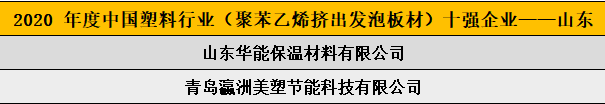 2020 年度中國塑料行業(yè)（聚苯乙烯擠出發(fā)泡板材）十強企業(yè)——山東