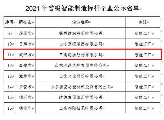 三角輪胎入選2021年度“山東省智能制造標(biāo)桿企業(yè)”