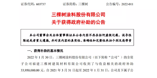 三棵樹(shù)全資子公司獲得政府補(bǔ)助3395萬(wàn)元 三棵樹(shù)全資子公司獲得政府補(bǔ)助3395萬(wàn)元