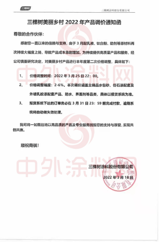最高漲幅裝修漆12%！防水系列20%！美麗鄉(xiāng)村6%！三棵樹全線產(chǎn)品價(jià)格上調(diào)