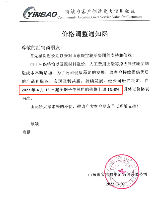 山東銀寶輪胎集團(tuán)銷售有限公司發(fā)布調(diào)價(jià)通知