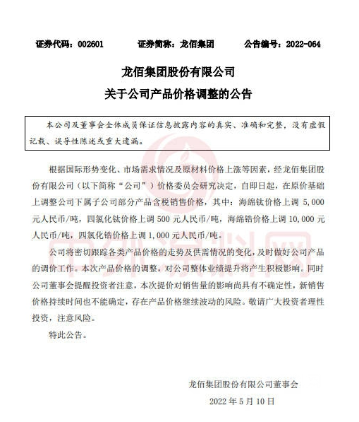 漲“鈦“狠！龍佰集團今年漲3次！原料、涂料、防水繼續(xù)開漲！