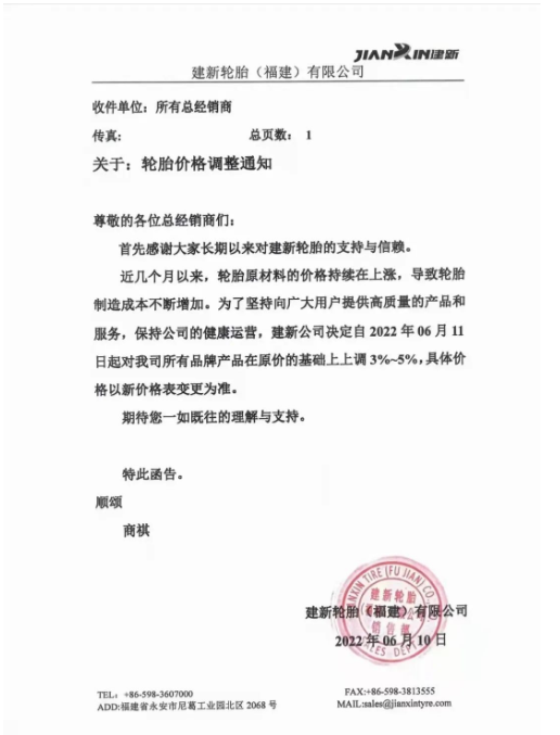 　建新輪胎也發(fā)布了漲價通知。宣布自6月11日起對所有品牌產(chǎn)品在原價格基礎(chǔ)上上調(diào)3%-5%。