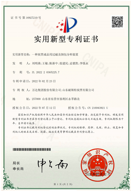山東耐斯特炭黑公司自主完成的"一種具有除塵功能的炭黑壓縮機""一種炭黑成品用過磁及倒包分料裝置"2項成果順利通過審查，榮獲國家實用新型專利授權。