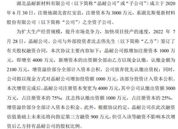 斯曼股份擬對(duì)全資子公司增資1000萬(wàn) 增資完成后持股75% 斯曼股份擬對(duì)全資子公司增資1000萬(wàn) 增資完成后持股75%