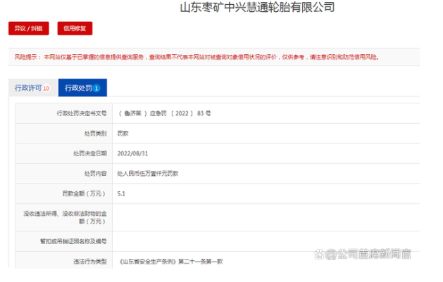未按規(guī)設置安全總監(jiān)，山東棗礦中興慧通輪胎公司被罰5.1萬