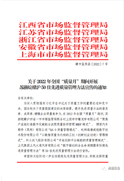 黑貓股份《BIQS精?；湁K管理模式》 榮獲2022年度蘇浙皖贛滬先進(jìn)質(zhì)量管理方法50佳