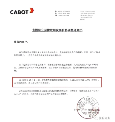 炭黑廠家也在今年內(nèi)多次漲價(jià)。2022年9月20日，卡博特公司發(fā)布橡膠用炭黑價(jià)格調(diào)整通知書(shū)，漲價(jià)通知顯示，自2022年10月1日起，對(duì)所有在售的橡膠炭黑價(jià)格統(tǒng)一上調(diào)人民幣1500元/噸。