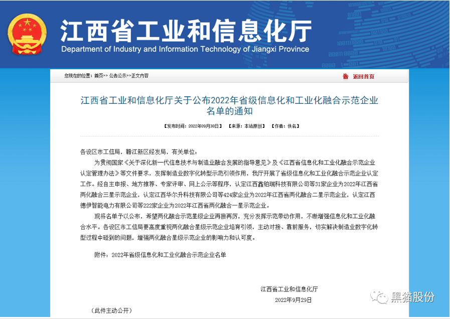 黑貓股份榮獲2022年省級信息化和工業(yè)化融合示范企業(yè)榜單