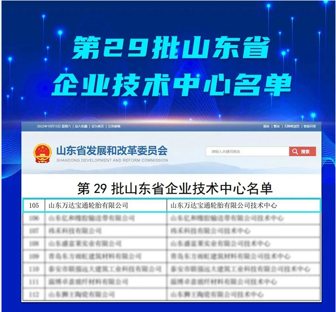 山東省發(fā)展和改革委員會發(fā)布了2022年(第29批)新認定及全部山東省企業(yè)技術(shù)中心名單，萬達寶通輪胎公司，是新認定的企業(yè)技術(shù)中心名單中唯一的輪胎企業(yè)。