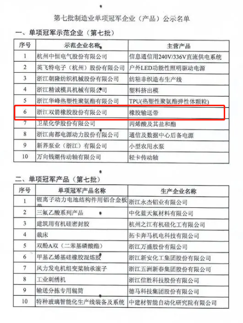 第七批制造業(yè)單項(xiàng)冠軍企業(yè)公示名單中包括浙江雙箭橡膠股份有限公司