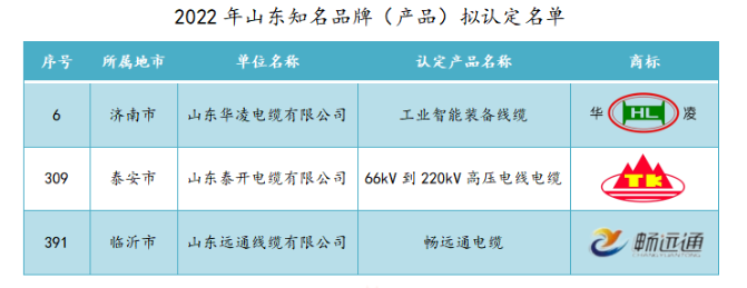 山東華凌電纜、山東泰開電纜、山東遠(yuǎn)通線纜入選2022年山東知名品牌擬認(rèn)定名單