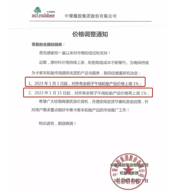 而這已經(jīng)是中策兩個(gè)月之內(nèi)的三連漲了。此前中策決定自1月1日起，對(duì)所有全鋼子午線輪胎產(chǎn)品價(jià)格上調(diào)1%;自1月15日起對(duì)上述產(chǎn)品價(jià)格再上調(diào)1%。