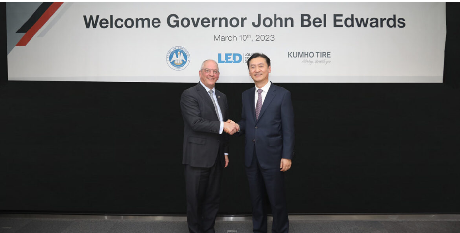 由路易斯安那州州長 John Bel Edwards 率領(lǐng)的貿(mào)易代表團訪問了錦湖輪胎位于韓國首爾的總部。代表團，會見了錦湖輪胎首席執(zhí)行官 Il-Taek Jung、全球銷售主管 Seung-Bin Lim 和供應(yīng)鏈管理主管 Eun-Sun Lee。