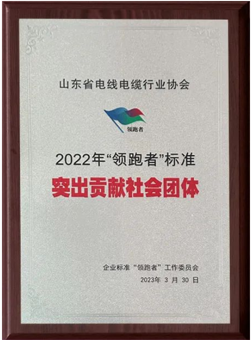 會上，山東省電線電纜行業(yè)協(xié)會獲“2022年‘領(lǐng)跑者’標(biāo)準(zhǔn)突出貢獻(xiàn)社會團(tuán)體”“2022年‘領(lǐng)跑者’榜單突出貢獻(xiàn)評估機(jī)構(gòu)”兩項殊榮。授牌儀式隆重舉行，這也標(biāo)志著山東省電線電纜行業(yè)協(xié)會在企業(yè)標(biāo)準(zhǔn)“領(lǐng)跑者”制度的評價工作中取得了重要成果。
