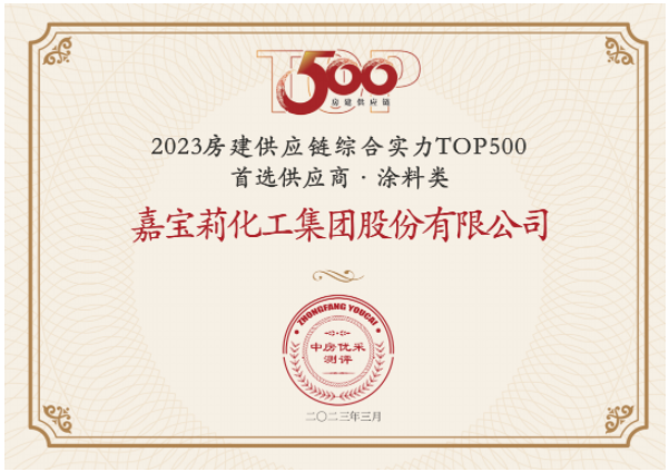 日前，房建供應(yīng)鏈綜合實力TOP500-首選供應(yīng)商服務(wù)商品牌測評研究報告發(fā)布，嘉寶莉憑借綜合實力再次蟬聯(lián)房建供應(yīng)鏈綜合實力TOP500強首選供應(yīng)商(涂料類)榜單，并連續(xù)7年蟬聯(lián)該榜單。同時，嘉寶莉攬獲另外其他10項大獎。