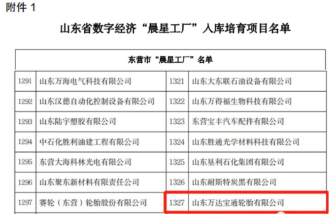 山東省工業(yè)和信息化廳近日發(fā)布了《關(guān)于開展數(shù)字經(jīng)濟(jì)“晨星工廠”入庫培育工作的通知》。山東萬達(dá)寶通輪胎有限公司憑借其先進(jìn)的生產(chǎn)制造技術(shù)和產(chǎn)業(yè)智能化系統(tǒng)的優(yōu)勢，成功入選該計劃。這也是該公司為推動數(shù)字經(jīng)濟(jì)發(fā)展，加快傳統(tǒng)制造業(yè)數(shù)字化、智能化轉(zhuǎn)型升級工作所獲得的又一榮譽(yù)。