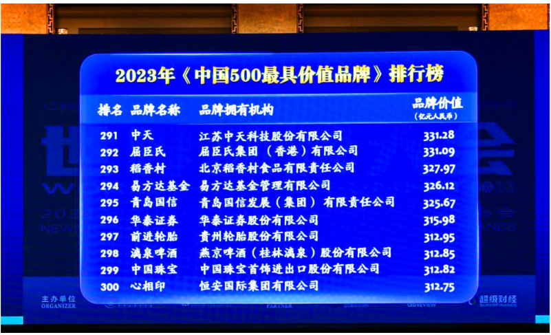 貴州輪胎前進(jìn)品牌以312.95億元人民幣的價值位列2023年(第二十屆)中國500最具價值品牌第297名。與去年相比，貴州輪胎前進(jìn)品牌的品牌價值增加了42.3億元人民幣，進(jìn)一步鞏固了其在國內(nèi)市場的地位，并成功進(jìn)軍國際化品牌陣營。