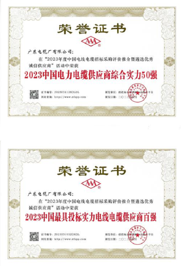 據(jù)了解，憑借卓越的綜合實(shí)力，包括出色的生產(chǎn)能力、技術(shù)創(chuàng)新和產(chǎn)品質(zhì)量，廣東電纜廠有限公司在該活動(dòng)中榮獲“2023中國(guó)電力電纜供應(yīng)商綜合實(shí)力50強(qiáng)”和“2023中國(guó)最具投標(biāo)實(shí)力電線電纜供應(yīng)商百?gòu)?qiáng)”。