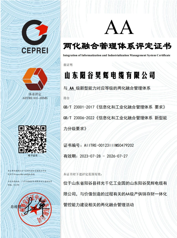 ，山東陽(yáng)谷昊輝電纜有限公司在兩化融合管理體系貫標(biāo)工作取得階段性成果，成功通過(guò)體系評(píng)定，并獲得由國(guó)家工信部授權(quán)的評(píng)定機(jī)構(gòu)——廣州賽寶認(rèn)證中心服務(wù)有限公司頒發(fā)的兩化融合管理體系A(chǔ)A級(jí)評(píng)定證書(shū)。