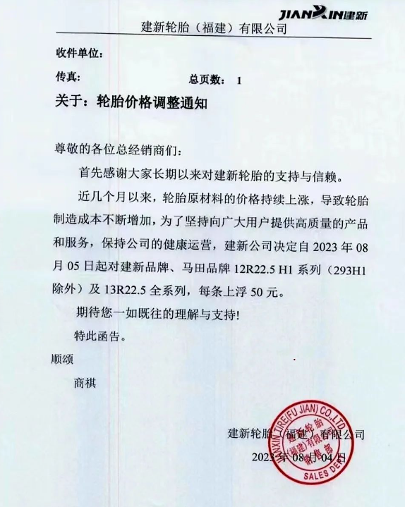 建新輪胎(福建)有限公司發(fā)布了一則重要通知，宣布自今日起對(duì)旗下建新品牌、馬田品牌的12R22.5 H1系列(除293H1外)以及13R22.5全系列輪胎的價(jià)格進(jìn)行調(diào)整，每條上浮50元。此次調(diào)價(jià)的原因是由于輪胎原材料價(jià)格持續(xù)上漲，導(dǎo)致輪胎制造成本不斷攀升。
