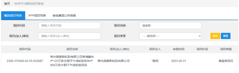 山東省投資項目在線審批監(jiān)管平臺披露，壽光福麥斯輪胎有限公司“柬埔寨年產(chǎn)120萬條全鋼子午線輪胎和年產(chǎn)800萬條半鋼子午線輪胎項目”備案。