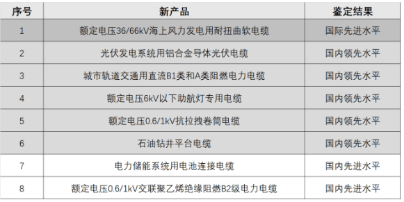 新疆維吾爾自治區(qū)工信廳科技質(zhì)量處副處長陳捷在開工典禮上對新纜廠自主研發(fā)的8款創(chuàng)新產(chǎn)品技術(shù)進行了權(quán)威鑒定。據(jù)了解，其中一款名為“額定電壓36/66千伏海上風(fēng)力發(fā)電用耐扭曲軟電纜”的產(chǎn)品達到了國際先進水平。此外，還有名為“鋁合金芯光伏線”和“儲能系統(tǒng)用電池連接電纜”的7款產(chǎn)品達到了國內(nèi)先進水平。
