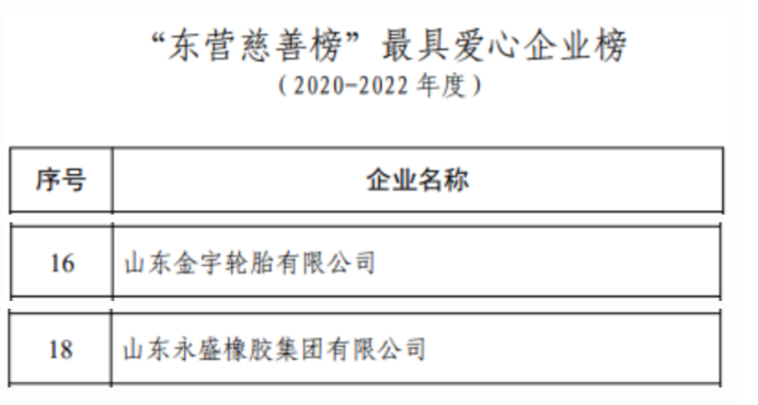 與此同時，金宇輪胎和永盛橡膠還榜上有名，入選了東營市最具愛心企業(yè)榜，這反映出這些企業(yè)在社會公益事業(yè)上的積極參與和貢獻。