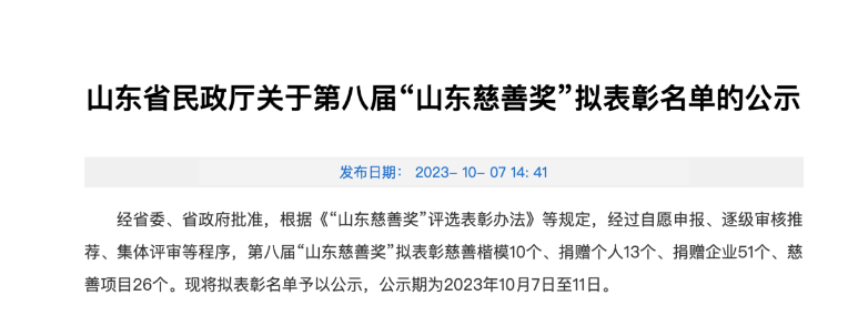 山東省民政廳發(fā)布了關(guān)于第八屆“山東慈善獎”擬表彰名單的公示，為表彰在慈善事業(yè)中做出杰出貢獻的機構(gòu)和企業(yè)。本屆慈善獎的獲獎名單中，成山集團有限公司、華勤橡膠工業(yè)集團有限公司以及三角輪胎股份有限公司等企業(yè)脫穎而出，獲得了捐贈企業(yè)獎。