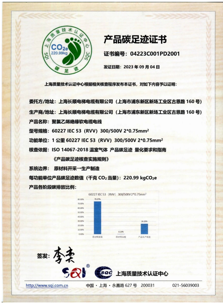 在此次活動(dòng)中，上海長(zhǎng)順電梯電纜有限公司榮幸地獲得了產(chǎn)品碳足跡認(rèn)證證書(shū)。
