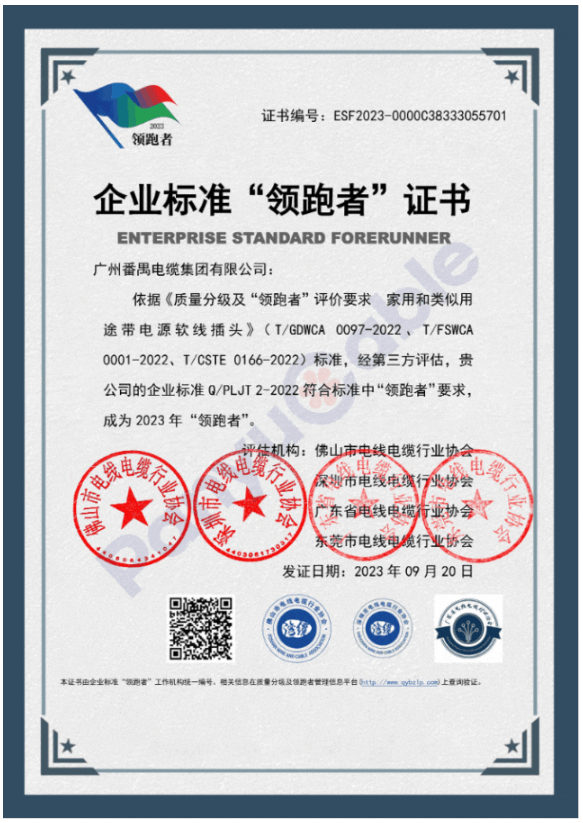 宣布了2023年首批民營企業(yè)國家級“領(lǐng)跑者”名單。其中，番纜集團(tuán)憑借其柔性防火電纜、橡套電線電纜、家用和類似用途交流帶插頭電源軟線產(chǎn)品的卓越品質(zhì)，榮獲2023年度民營企業(yè)標(biāo)準(zhǔn)“領(lǐng)跑者”證書，為該行業(yè)樹立了新的標(biāo)桿。